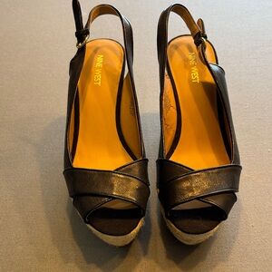 Nine West Black Leather Wedge Sandals